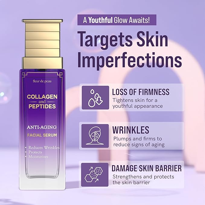 Fleur De Peau Collagen & Peptides Serum For Face - Dermatologist Tested, Anti-Aging, Ultra Hydrating, Plumping & Firming, for Fine Lines & Wrinkles - Clean Beauty, Vegan Korean Skin Care - 1.69 FL. Oz