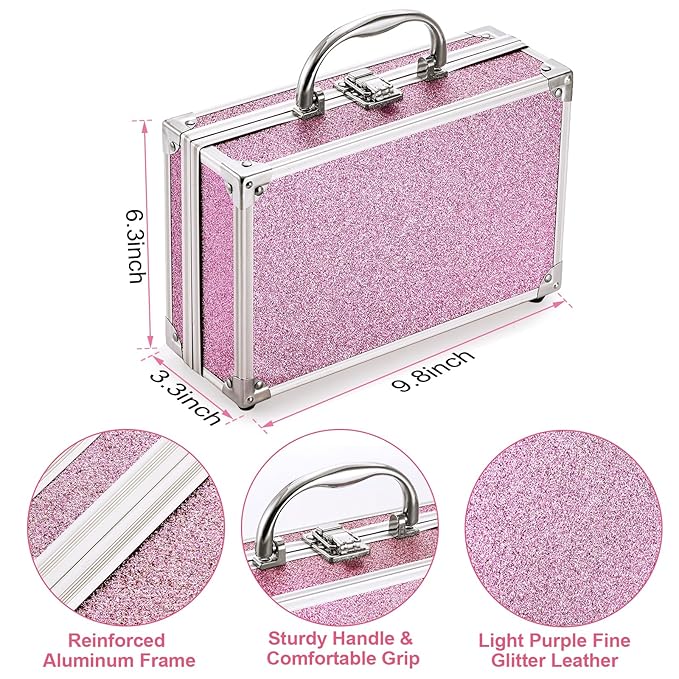 Anpro All-In-One Makeup Carry Case with Pro Teen Makeup Set, Full Starter Cosmetics Kit with Makeup Brushes, Lipsticks, Eye Shadows Palette, Blushes, Glitter Gel-Purple