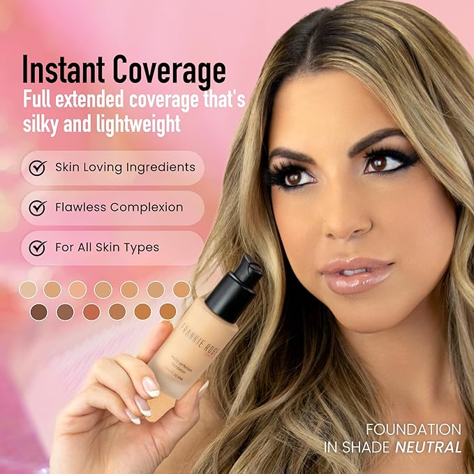 Frankie Rose Cosmetics Matte Perfection Foundation Makeup – Long-Lasting, Hydrating Foundation for Semi-Matte Finish - Full Coverage for All Skin Types - (Neutral) 1.0 US fl oz / 30 ml