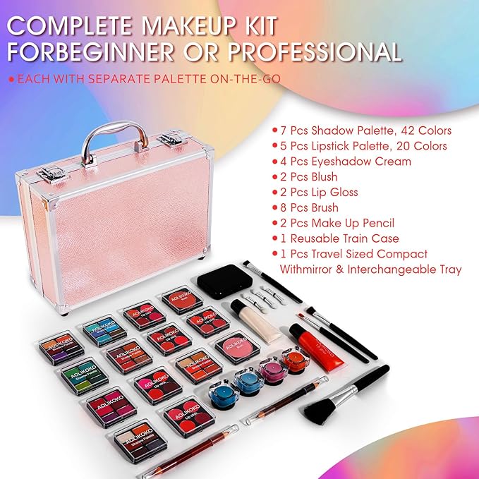 Makeup Kit for Teenager & Women Full Kit, All- In- One Makeup Set With The Cosmetic Train Case, Professional Makeup Kit, Makeup Gift Set for Women Girls(pink)