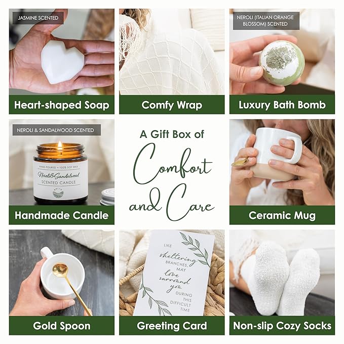 Sympathy Gift Baskets for Women – 8 Thoughtful & Cozy Items (Blanket and Candle Gift Set with Mug, Socks & More) – Sympathy Gifts for Loss of Loved One, Get Well, or Self Care Gifts for Women