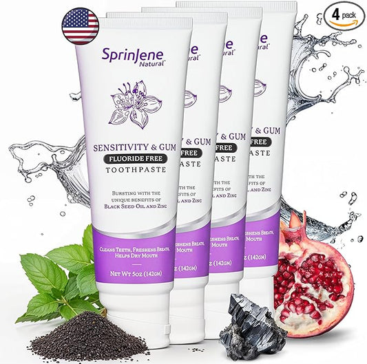 SprinJene Natural Fluoride Free Toothpaste for Sensitive Teeth & Gums – Patented Toothpaste with Black Seed Oil & Zinc – Vegan Dry Mouth Prevention for Fresh Breath – Made in The USA (4 Pack)