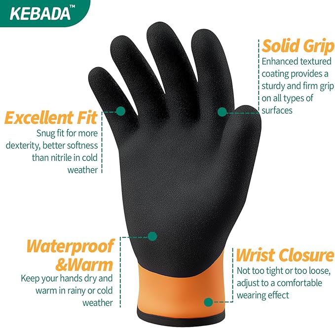 Kebada T2 Waterproof Winter Work Gloves for Men and Women - Thermal Insulated Freezer Gloves for Working in Freezer for Cold Weather, 100% Latex Coating, Wrist Closure, 1 Pair, Orange, Small