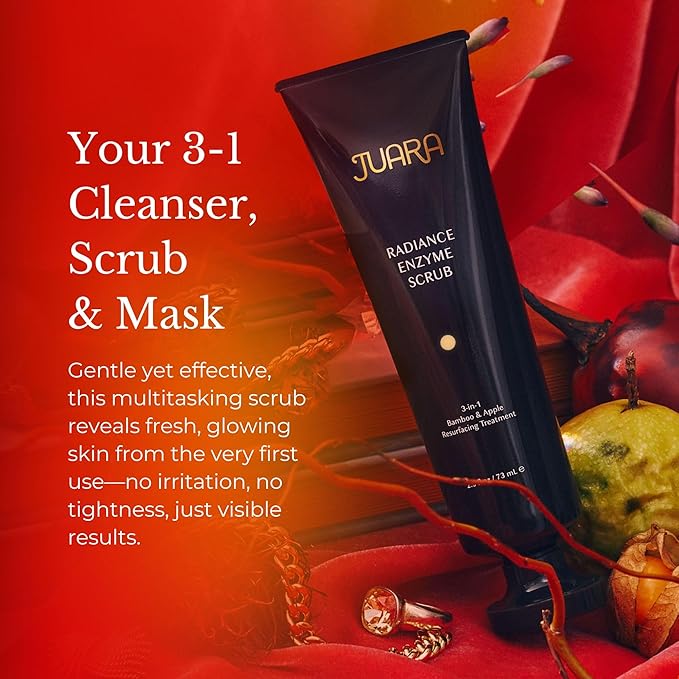 JUARA Radiance Enzyme Scrub - Face Exfoliator with Apple Enzymes & Bamboo Beads - Brightening Face Scrub Minimizes Pores - Gentle Exfoliating Scrub for All Skin Types - 3-in-1 Cleanser - 2.5 oz