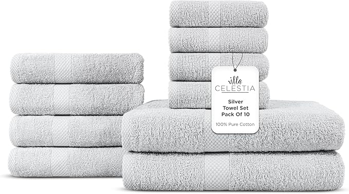 100% Cotton Bath Towel Set of 10-2 Bath Towels, 4 Hand Towels, 4 Wash Cloths, Sustainable, Soft, Highly Absorbent, Combed Cotton 10 Piece Set for Hotels, Spa, Bathroom, Dorm, Silver