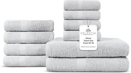 100% Cotton Bath Towel Set of 10-2 Bath Towels, 4 Hand Towels, 4 Wash Cloths, Sustainable, Soft, Highly Absorbent, Combed Cotton 10 Piece Set for Hotels, Spa, Bathroom, Dorm, Silver