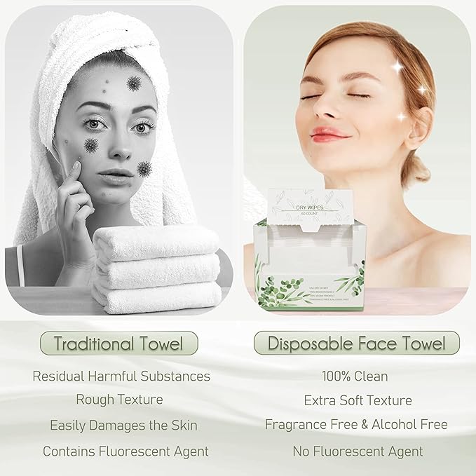 Disposable Face Towel Biodegradable Large Dry Face Wipes 120 Count/2 Box Extra Thick Soft Clean Facial Towels for Sensitive Skin, Makeup Removing, Facial Cleansing, Nursing, Travel, 10"×12"
