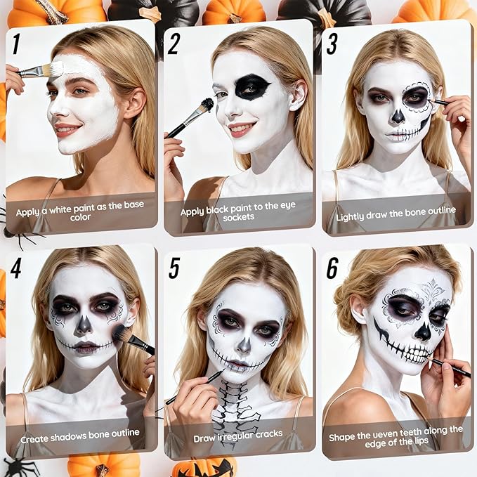 Halloween for Skeleton Makeup Kit, Professional Halloween SFX Makeup Set for Skeleton Costume, Water-Based Face Paint Set with Black White SilverFace Paints, for Cosplay, Costume Party