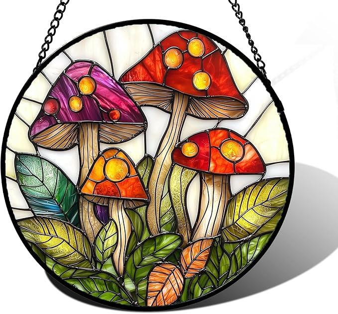 Stained Glass Window Hanging, Mushroom Leaves Suncatcher for Doors Home Sun Catchers Decoration and Christmas, Mother's Day Birthday Gifts for Women, Men, and Mom 6.3 in