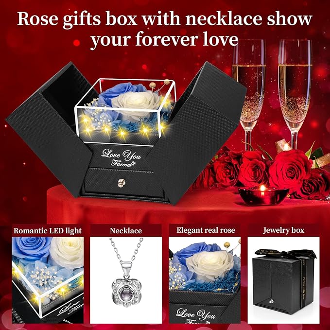 2 Preserved Real Rose with Heart I Love You Necklace- Eternal Rose Birthday Gifts for Women Wife Girlfriend Her Mom on Festivals Gifts Christmas Valentines Mothers Day Anniversary-Sky Blue White