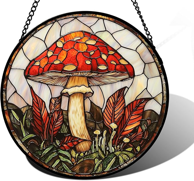 Stained Glass Window Hanging, Big Red Mushroom Suncatcher for Doors Home Sun Catchers Decoration and Christmas, Mother's Day Birthday Gifts for Women, Men, and Mom 9.8 in