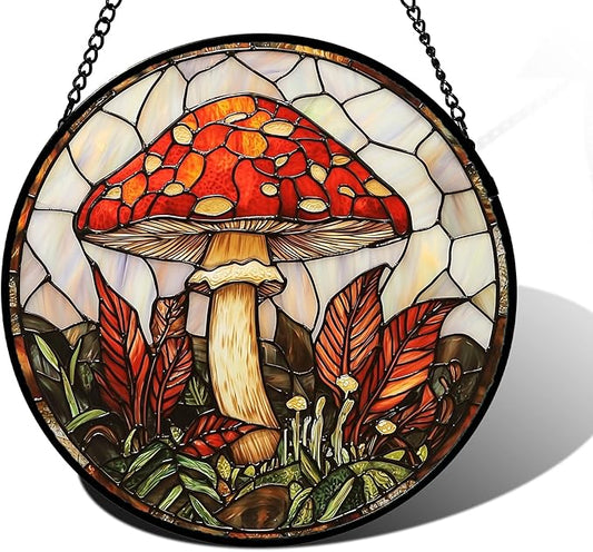 Stained Glass Window Hanging, Big Red Mushroom Suncatcher for Doors Home Sun Catchers Decoration and Christmas, Mother's Day Birthday Gifts for Women, Men, and Mom 9.8 in