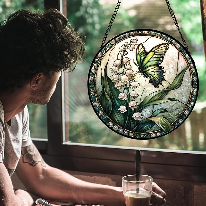 Stained Glass Window Hanging, Lily of The Valley Flower Butterfly Suncatcher for Doors Home Sun Catchers Decoration and Christmas, Mother's Day Birthday Gifts for Women, Men, Mom 14.9x14.9 in