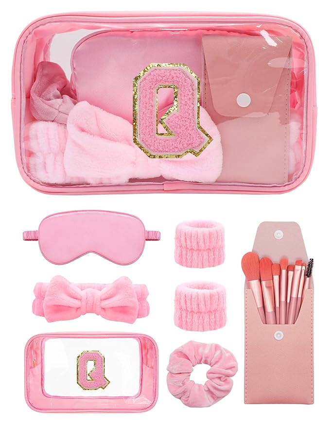 Gift Sets for Women, Initial Makeup Bag with Makeup Brush Set Bachelorette Party Favors, Pink Spa Kit with Skincare Headbands Wrist Bands Sleepover Party Supplies Gifts for Teen Girls Bridesmaid Q