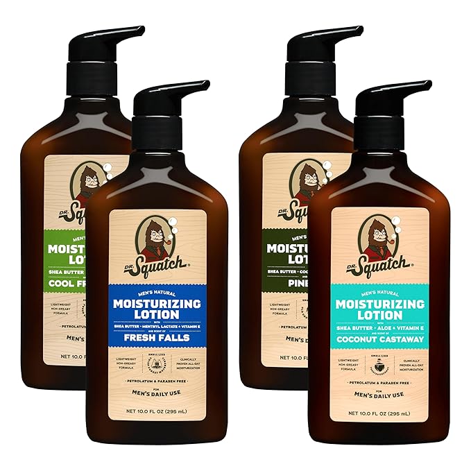 Dr. Squatch Natural Hand and Body Lotion for Men - Made with Shea Butter, Coconut Oil, Vitamin E for 24-Hr Moisturization - Pine Tar, Fresh Falls, Coconut Castaway & Cool Fresh Aloe (10 fl oz, 4-Pack)
