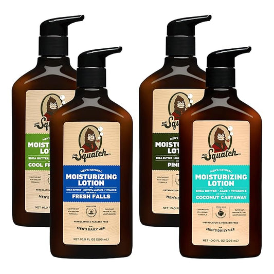 Dr. Squatch Natural Hand and Body Lotion for Men - Made with Shea Butter, Coconut Oil, Vitamin E for 24-Hr Moisturization - Pine Tar, Fresh Falls, Coconut Castaway & Cool Fresh Aloe (10 fl oz, 4-Pack)