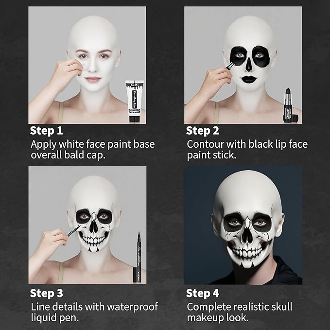 Go Ho Halloween Makeup Kit for Jack Cosplay Costume - Complete 8-Piece Professional Skeleton Makeup with Bald Cap,Pro-Aide Adhesive,White Body Paint,Black Lipstick,Black Eyeliner & Applicators
