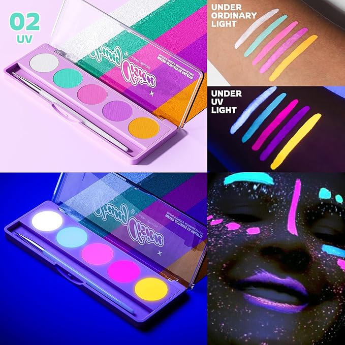 YOUNG VISION 2-PACK Water-Activated Face & Body Paint Palette Set – Neon Fluorescent, Glow Under UV and Blacklight, FX Makeup for Face Painting, Blacklight Glow, Eyeliner, and Body Art