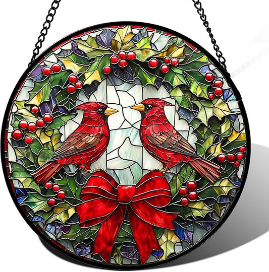 Stained Glass Window Hanging - Cardinals Green Wreath Suncatcher for Doors Home Christmas Decoration Red Bird Sun Catcher Thanksgiving New Year Birthday Gift for Women Men Mom Nana 14.9 in