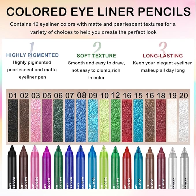 16 Colored Eye Liner Pencils for Women,Purple Green Blue Metallic Eyeliner Pen Set,delineador de ojos contra el agua,Multi-Function and Professional Pencil Eyeliner Makeup