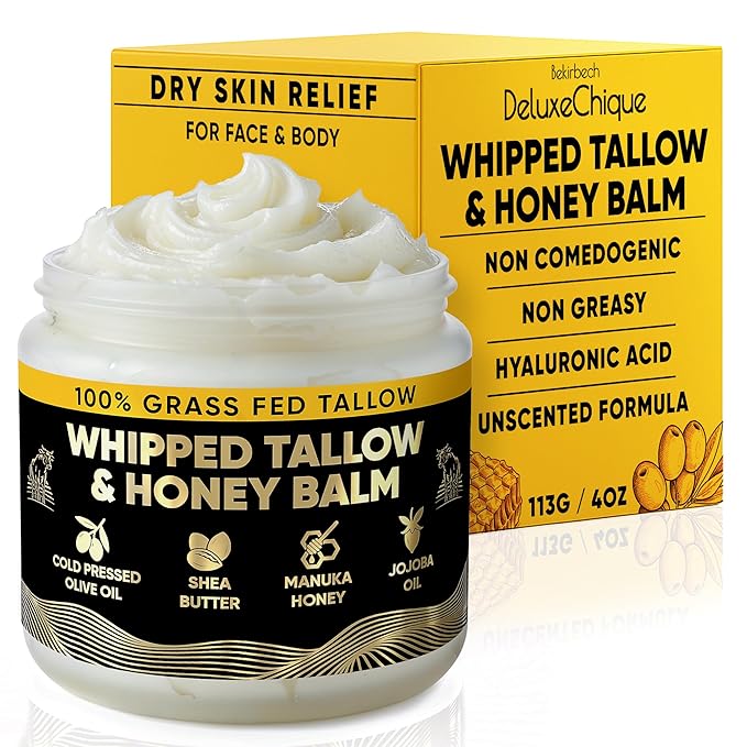 Beef Tallow Face Moisturizer – Whipped Tallow & Honey Balm with Hyaluronic Acid, Manuka Honey, Aloe & Green Tea – Unscented Natural Skin Cream for Dry or Sensitive Skin – 4oz