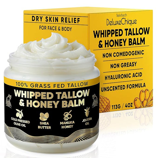 Beef Tallow Face Moisturizer – Whipped Tallow & Honey Balm with Hyaluronic Acid, Manuka Honey, Aloe & Green Tea – Unscented Natural Skin Cream for Dry or Sensitive Skin – 4oz
