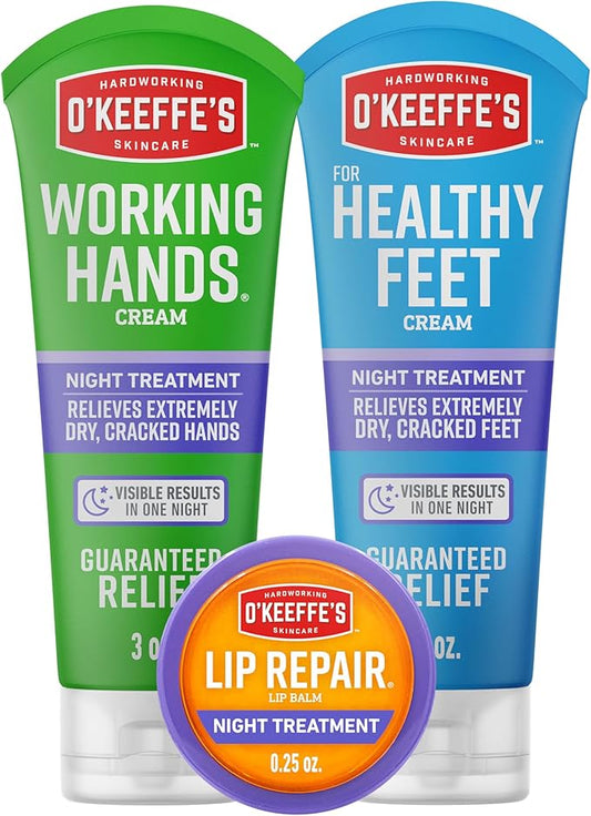 O'Keeffe's Night Treatment Combo Pack Including Working Hands Night Treatment Hand Cream, Healthy Feet Night Treatment Foot Cream and Lip Repair Night Treatment Lip Balm; Gift Idea