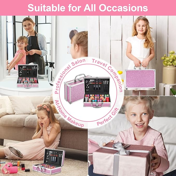 Anpro All-In-One Makeup Carry Case with Pro Teen Makeup Set, Full Starter Cosmetics Kit with Makeup Brushes, Lipsticks, Eye Shadows Palette, Blushes, Glitter Gel-Purple