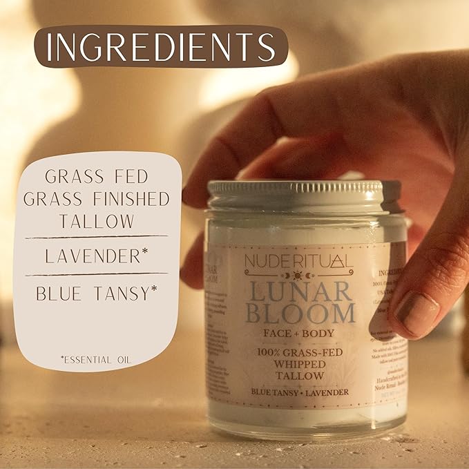 100% Grass-Fed Whipped Tallow Balm for Skin Care – Face + Body – Natural Moisturizer Lotion, 4 oz (Lunar Bloom)