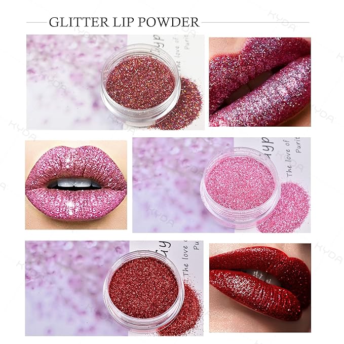 KYDA 3 Colors Glitter Lip Kit, Diamond Metllic High Pigmented Powder for Lips Cosmetics, Glitter Lips Makeup,with Lip Primer and Brush, Long Wear-Set A