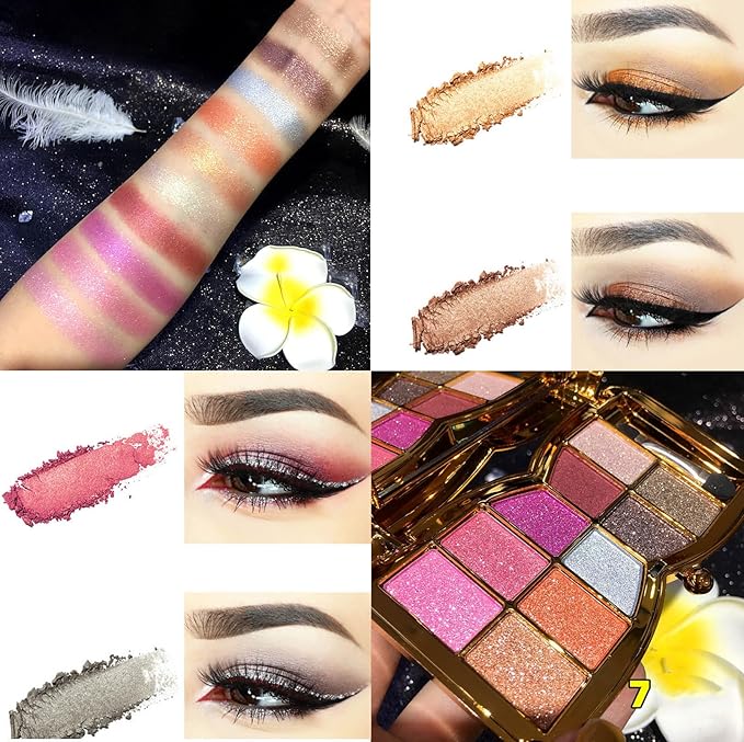 Glitter Eyeshadow Palette, 10 Colors Sparkle Shimmer & Matte Eye Shadow Highly Pigmented Waterproof Long Lasting Makeup Set (Color 7)