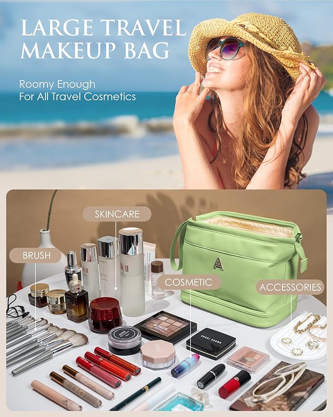 Maid Of Honor Gifts, Initial Large Makeup Bag, Bride To Be Gifts, Double Layer Cosmetic Bag, Waterproof PU Travel Toiletry Bag for Bachelorette Party Women Wedding Bridal, Bride Gifts