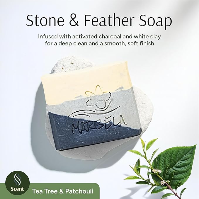 Marbela Cosmetics Stone & Feather Handmade Soap Bar - Made in USA, Vegan Friendly, Palm Oil Free, Natural Bar Soap - Gentle Face & Body Soap for Daily Skin Care, Moisturizing & Nourishing - 3.5 oz