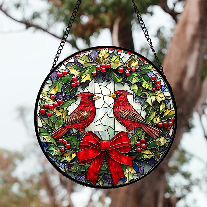 Stained Glass Window Hanging - Cardinals Green Wreath Suncatcher for Doors Home Christmas Decoration Red Bird Sun Catcher Thanksgiving New Year Birthday Gift for Women Men Mom Nana 14.9 in