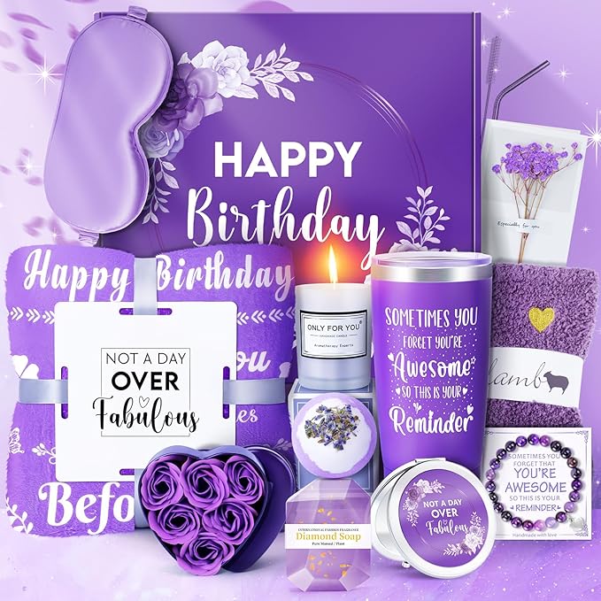 14PCS Birthday Gifts for Women ,Mom, Wife, Girlfriend, Sister, Her- Self Care Gifts Get Well Soon Gifts Basket for Women Lavender Relaxing Spa Gifts Care Package w/ Blanket Mothers Day Gifts for Mom