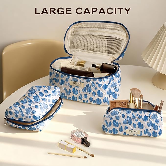 TOPEAST Makeup Bag for Women Girl, 3Pcs Large Cotton Travel Make up Bags with Zipper, Cute Quilted Floral Cosmetic Organizer Potable Brushes Toiletry Bag Set, Blue Floral