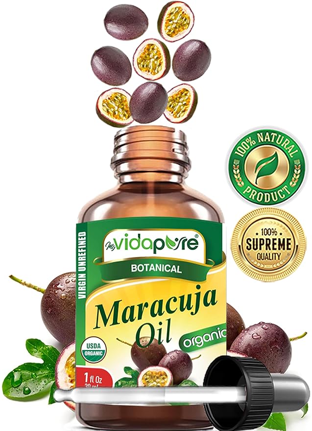 MYVIDAPURE Organic MARACUJA OIL Passion Fruit Certified Organic 100% Natural, Pure WILD GROWTH VIRGIN UNREFINED Brazilian for Skin, Face, Hair, Lip and Nail Care (1 Fl Oz)