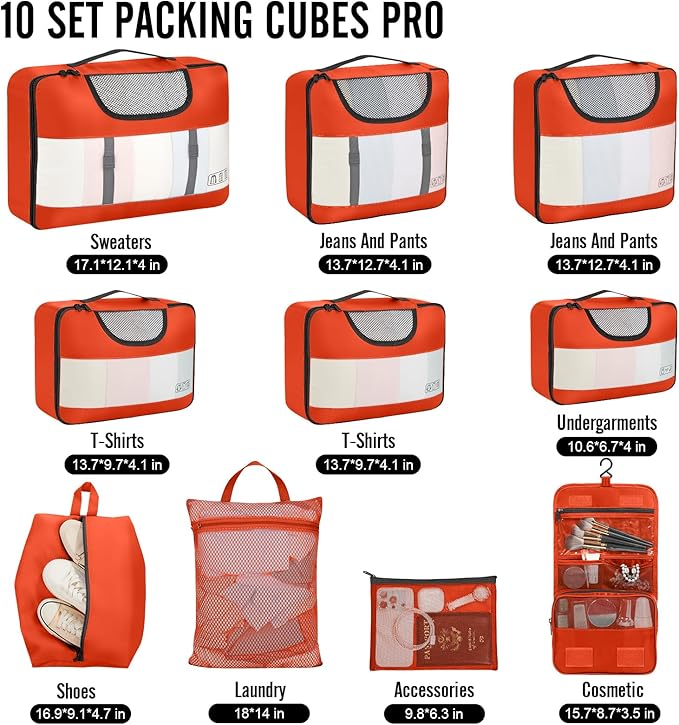 Veken 10 Set Packing Cubes for Travel Essential, Suitcase Organizer Bags in 4 Sizes, Carry-On Luggage Accessories with Large Laundry & Hanging Toiletry Bag, Must-Have for Airplane, Road Trip & Camping