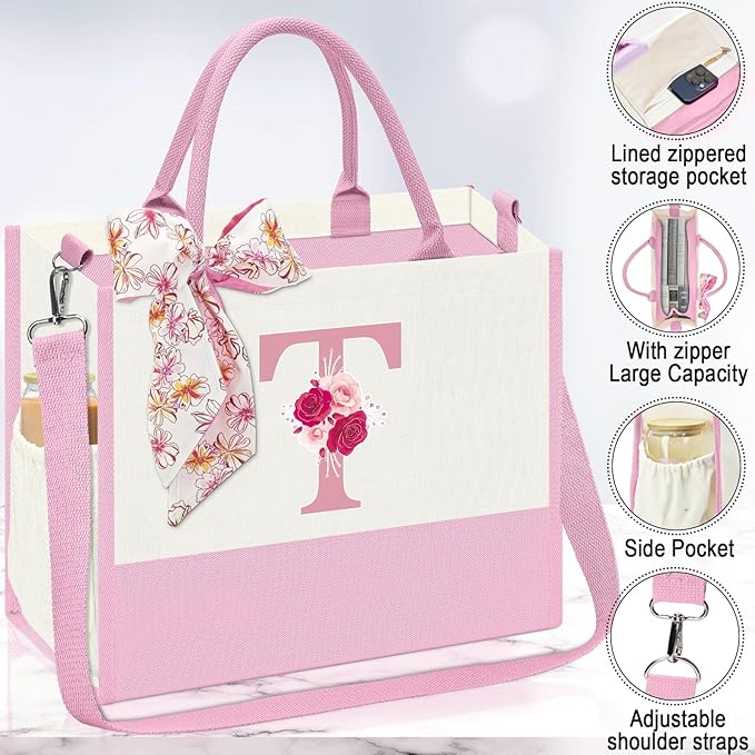 Gifts for Women,Initial Canvas Tote Bag,Personalized Gift for Woman,Monogrammed Gifts for Women,Initial Makeup Bag,Birthday Gift for Mom,present for Niece Sister-T
