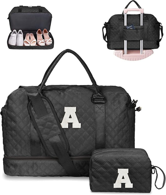 Trendy Gifts for Women-Initial Duffle Bag with Shoe Compartment, Personalized Weekender Bags, Monogram Overnight Bag for Women, Letter Travel Bags with Makeup Pouch (Letter A)