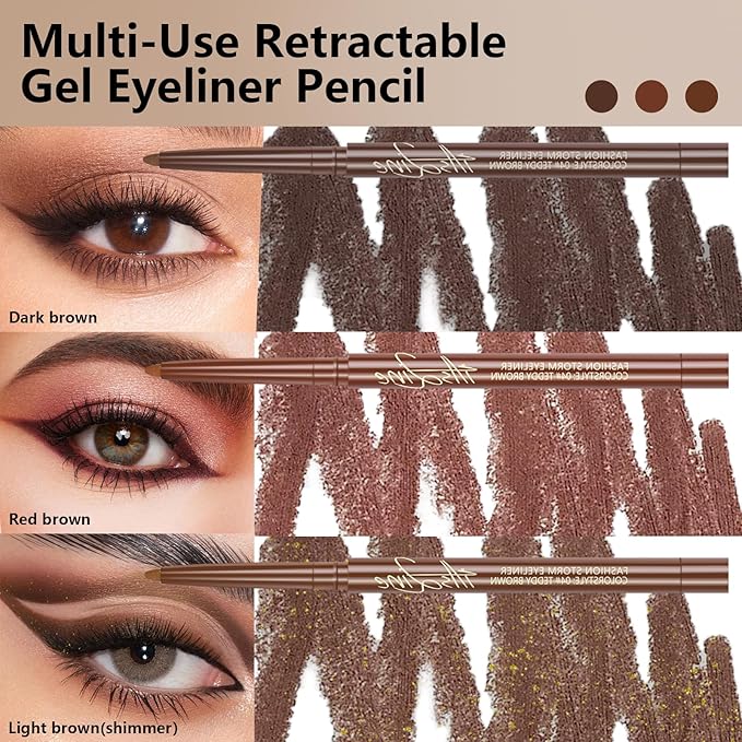 Noerrors 3Colors Brown Retractable Gel Eyeliner Set, Waterproof Silky Smooth Easy to Color Creamy Matte Eyeliner Pencil for Women, Long Wear Smudge Proof Eye Makeup Pen for Mature Eye with Sharpener