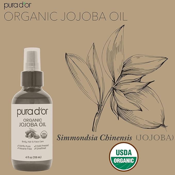 PURA D'OR 4 Oz Organic Jojoba Oil - USDA Certified - 100% Pure & Natural Moisturizer - Cold Pressed, Unrefined, Hexane Free Base Carrier Oil For DIY Skin Care, Hair, Face & Nails