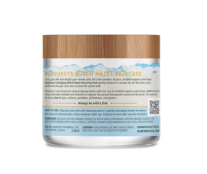 Humphreys Witch Hazel Clarifying Cleansing Pads | Wild Harvested Witch Hazel | Natural, Fragrance-Free Formula | Removes Oil & Impurities | 60 Rounds