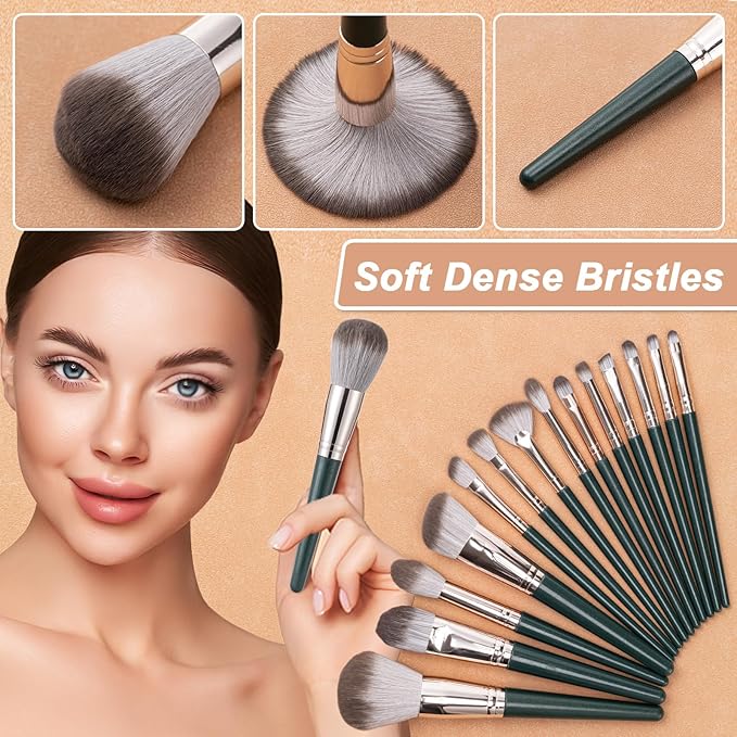 Makeup Brushes, 14 Pcs Professional Makeup Brush Set, Eye and Face Foundation Brush Set, Eyeshadow Brushes, Cosmetic Brushes with 2 Blender Sponge and PU Makeup Pail, Dark Green