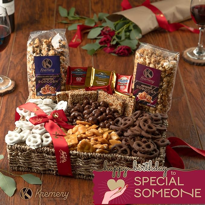 KREMERY Creamy Chocolate Cravings - Happy Birthday Treats, Chocolate Covered Pretzels & Caramel Popcorn Gift Basket, in Seagrass Tray + Ribbon & Greeting Card (Deluxe, 3.5 lbs) Food Assortments USA Made