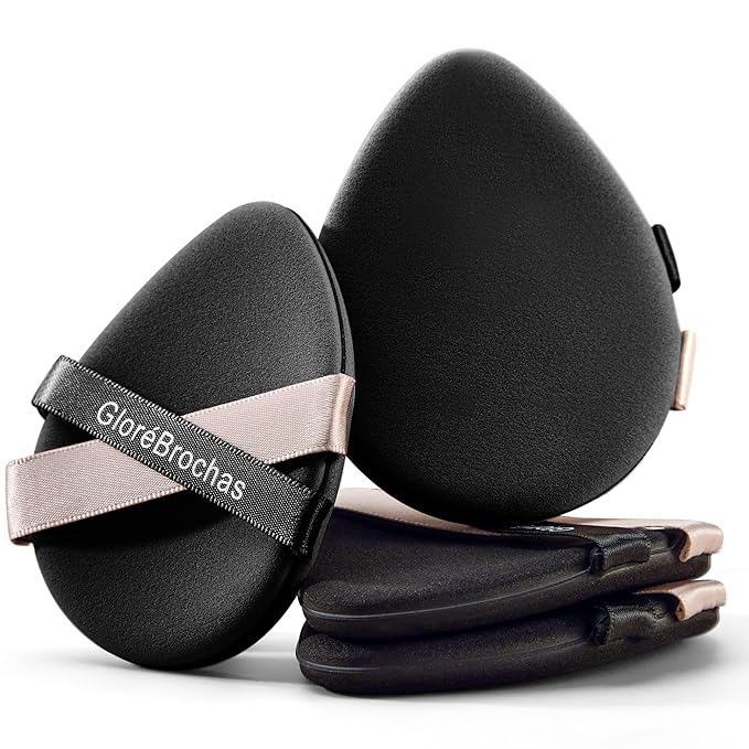 Makeup Sponge Set, GloréBrochas 4PCS Micro Porous Low Absorption Foundation Sponges, Latex-Free PU Cushion Puff, 3.2inches Soft Dual-Sided Black Powder Puff for Face Powder, Individually Wrapped