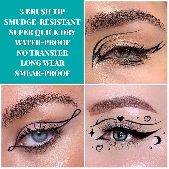 UCANBE 3pcs Black Liquid Eyeliner Kit Included 3 Brush Tip for Ultra Precision, Quick Drying, Smooth Glide, Smudge-Resistant, Waterproof Pigmented Up To 24 Hours Liquid Liner Eye Makeup Set