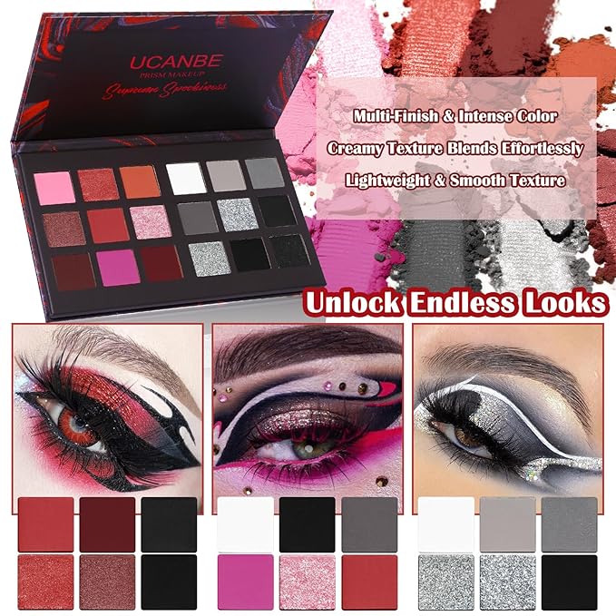 Black Red Goth Smokey Eyeshadow Palette Makeup-18 Colors Gray Silver Pink Burgundy Matte Shimmer Metallic Dark Eye Shadow Pallet for Christmas Halloween Clown Vampire Joker SFX Cosplay Costume Make Up