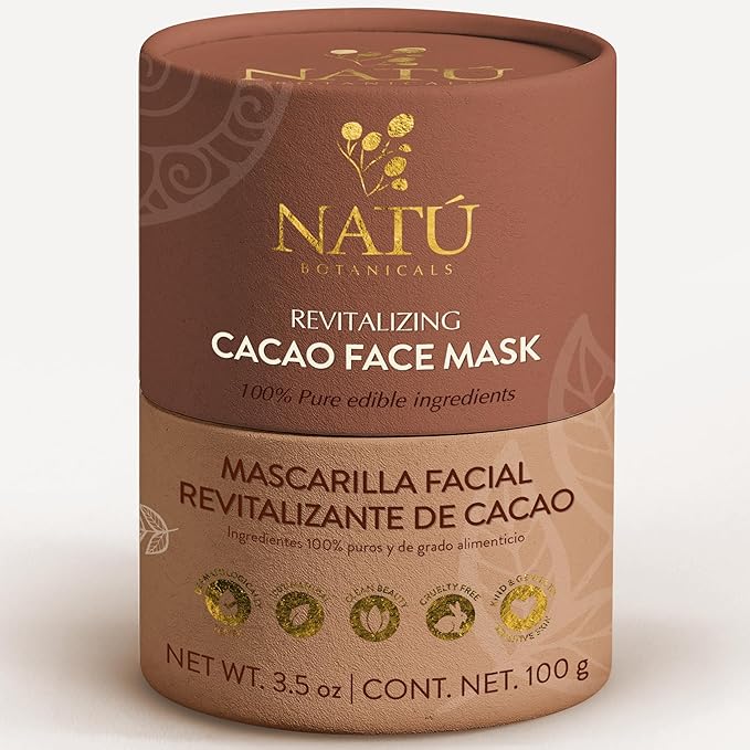 NATÚ BOTANICALS Revitalizing Cacao Hydrating Face Mask - Antioxidant Rich Moisturizing Face Mask with Indulgent Chocolate Scent - Calming, Soothing Facial Masks for Radiant & Glowing Skin 3.5oz