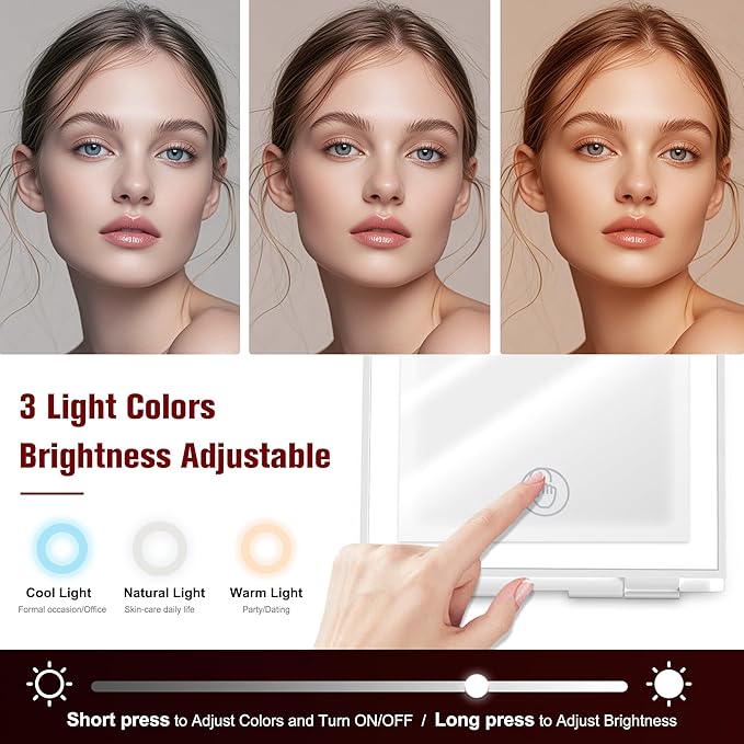 Travel Makeup Mirror with Lights, Rechargeable Portable Folding Compact Mirror Set with Tweezer, Lighted Makeup Mirrors with 72 LED 3 Color Light Modes, Dimmable Touch Screen LED Mirrors